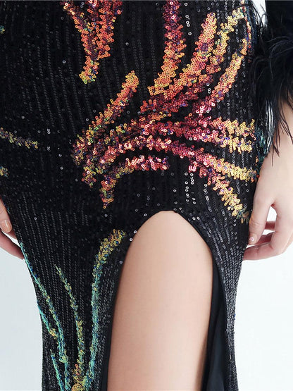 Long Sleeve Velvet Feather Wrap Prom Dress