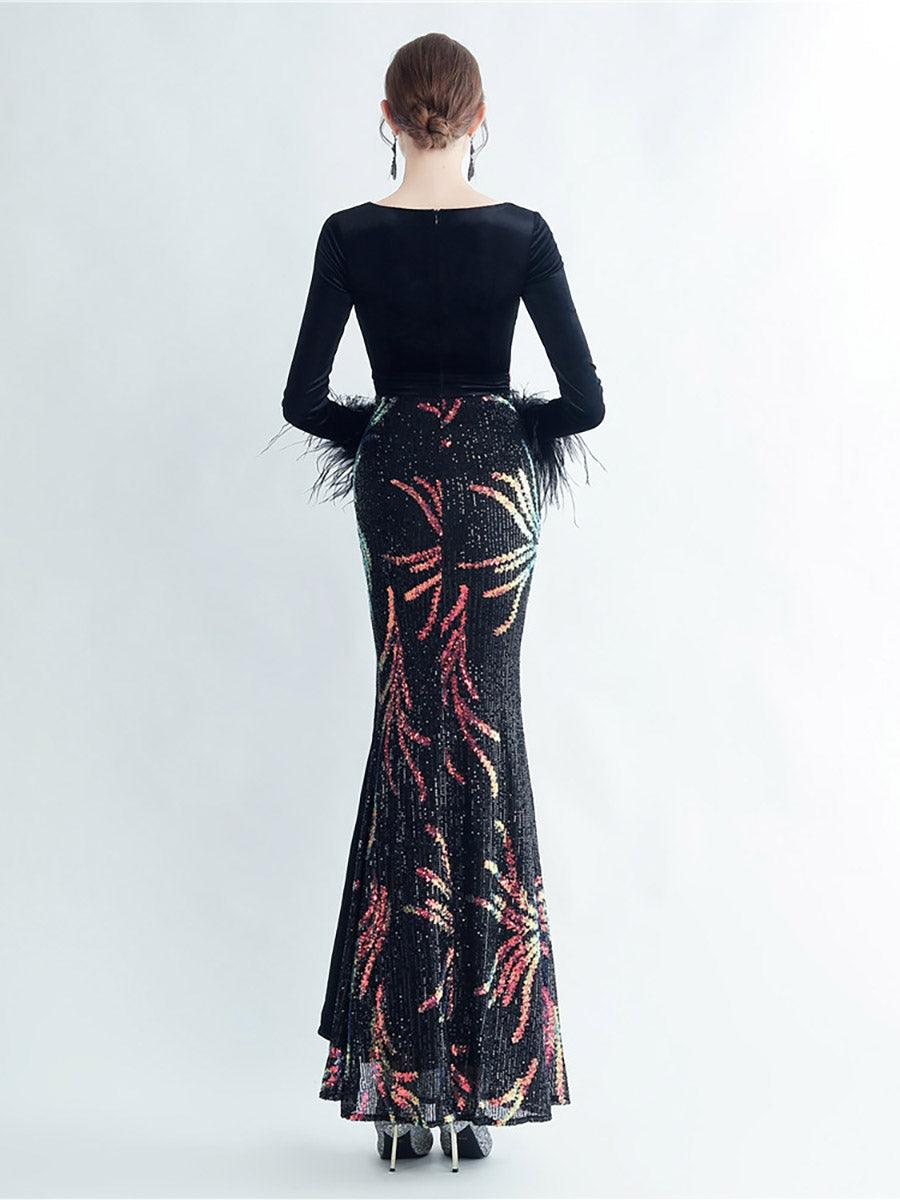 Long Sleeve Velvet Feather Wrap Prom Dress