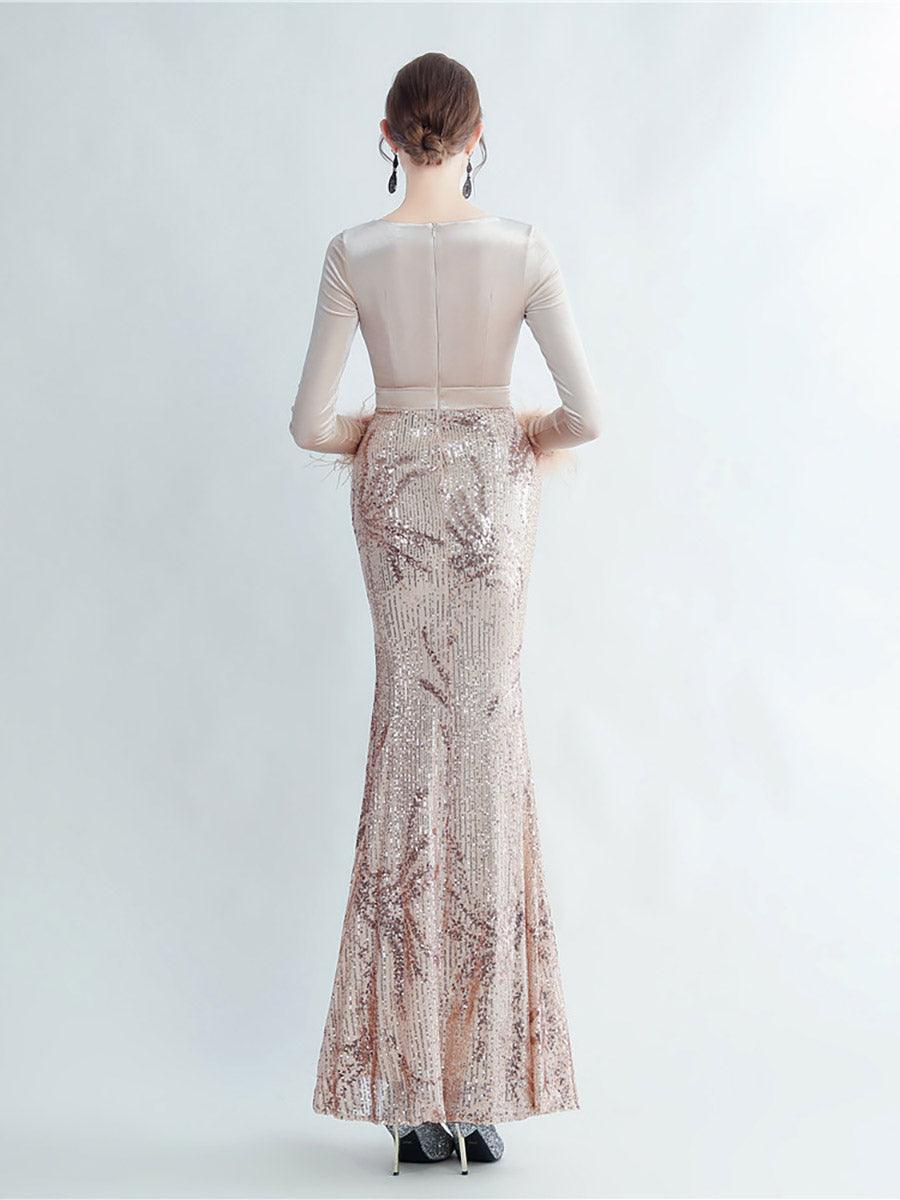 Long Sleeve Velvet Feather Wrap Prom Dress