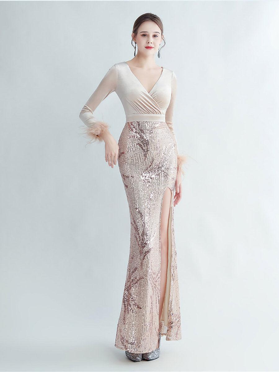 Long Sleeve Velvet Feather Wrap Prom Dress