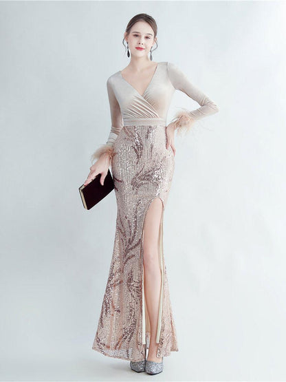 Long Sleeve Velvet Feather Wrap Prom Dress