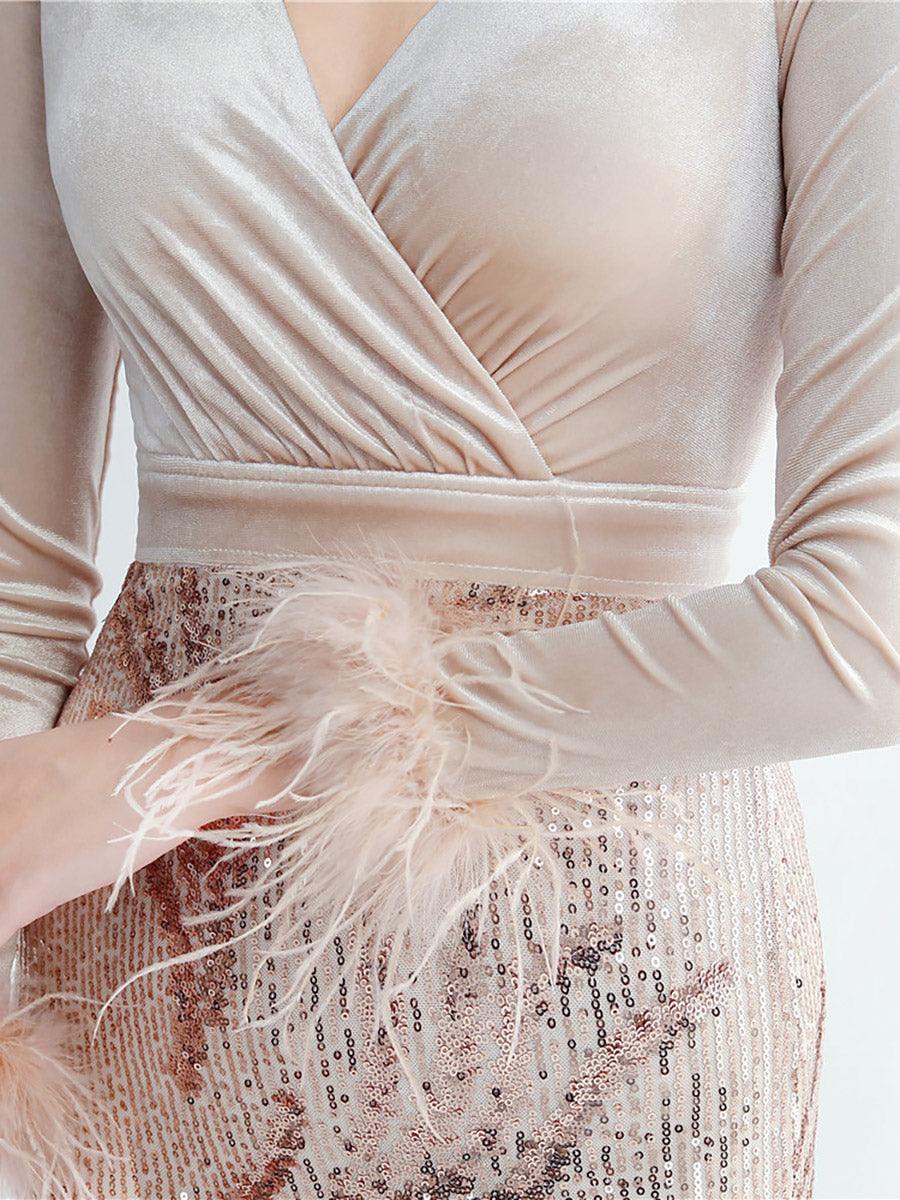 Long Sleeve Velvet Feather Wrap Prom Dress