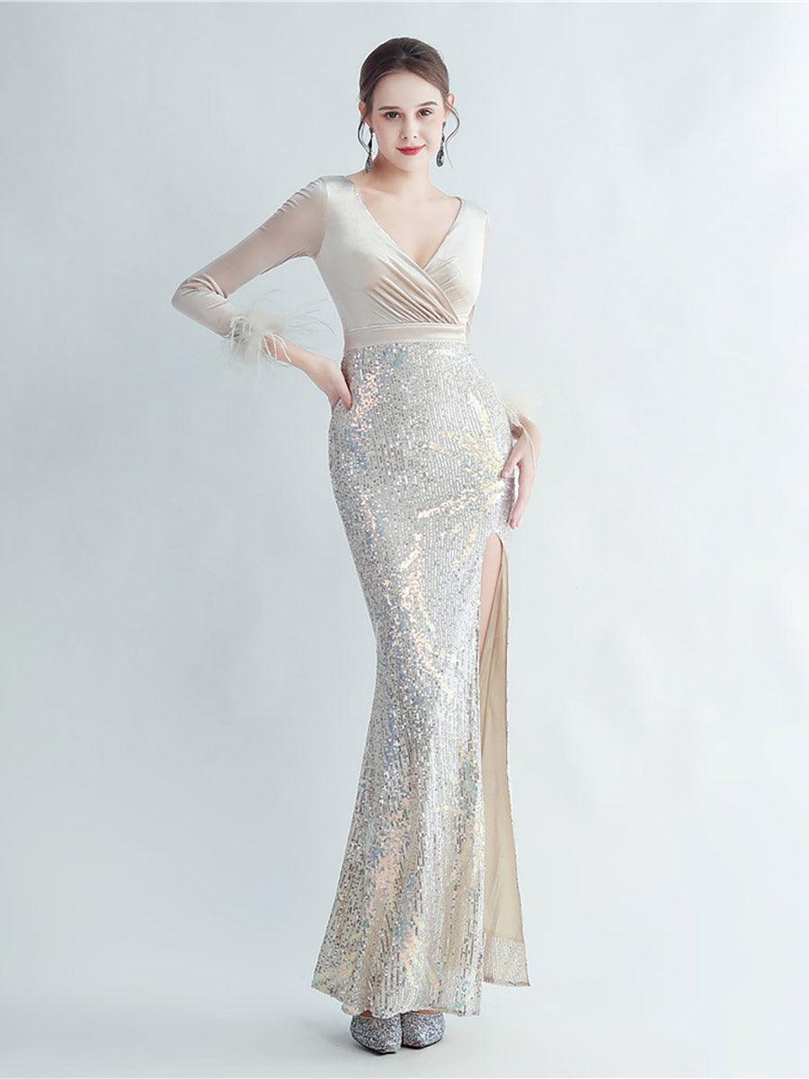 Long Sleeve Velvet Feather Wrap Prom Dress