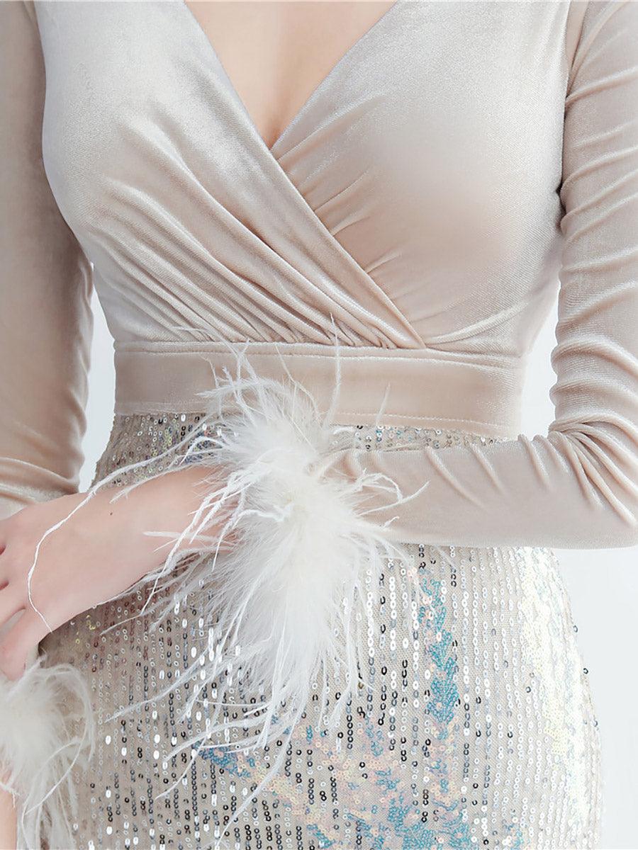Long Sleeve Velvet Feather Wrap Prom Dress