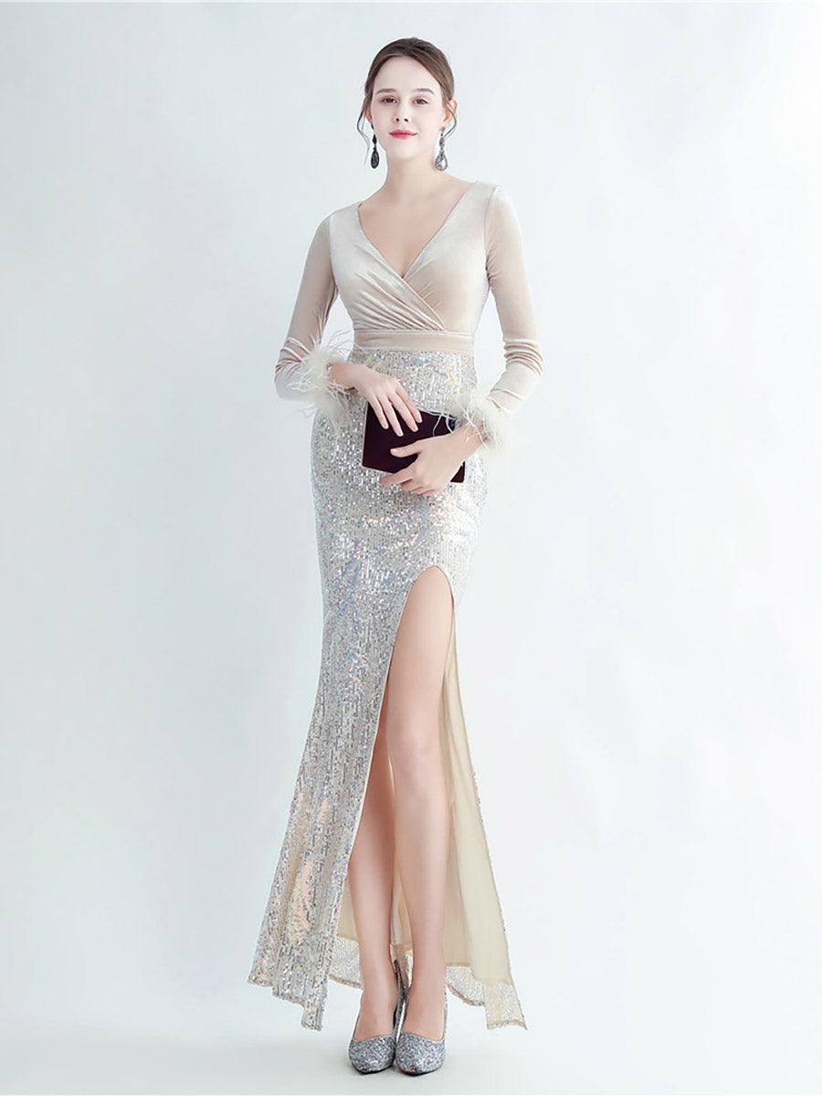 Long Sleeve Velvet Feather Wrap Prom Dress