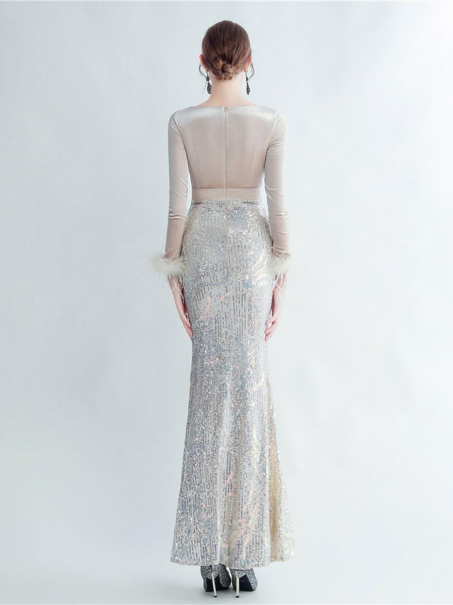 Long Sleeve Velvet Feather Wrap Prom Dress