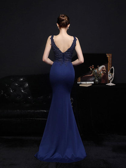 V-neck Sleeveless Embroidered Evening Dress