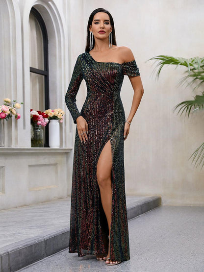One Shoulder Glitter Ruched Prom Dress