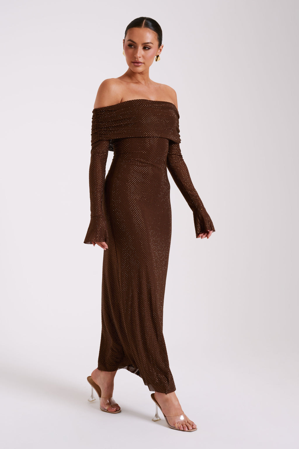 denise Off Shoulder sequin Maxi Dress - Chocolate