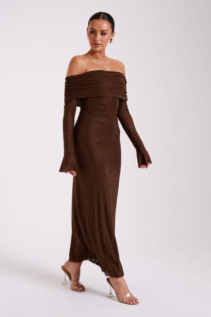denise Off Shoulder sequin Maxi Dress - Chocolate