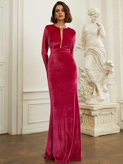 Long Sleeve Velvet Green Evening Dress