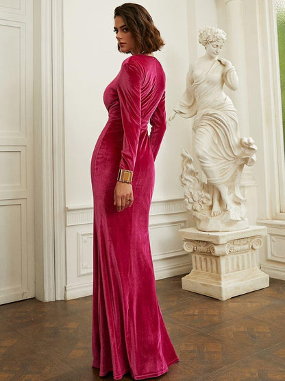 Long Sleeve Velvet Green Evening Dress