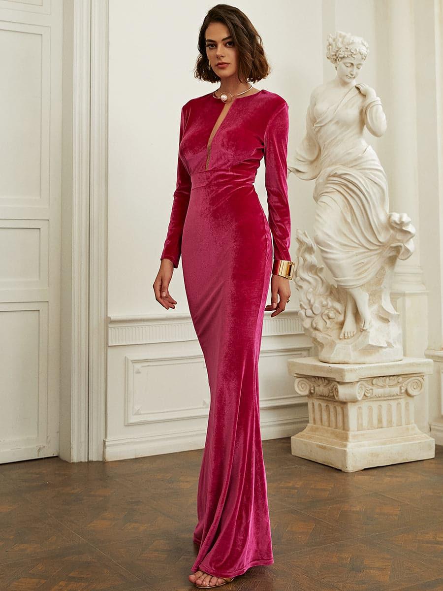 Long Sleeve Velvet Green Evening Dress