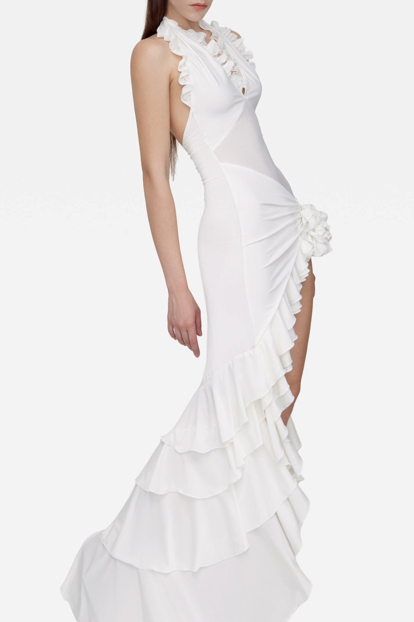 Malia Halter Mesh Flower Ruffle Midi Dress