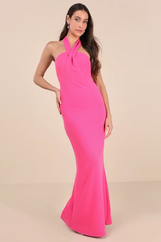 Mesmerizing Perfection Pink Halter Neck Backless Maxi Dress
