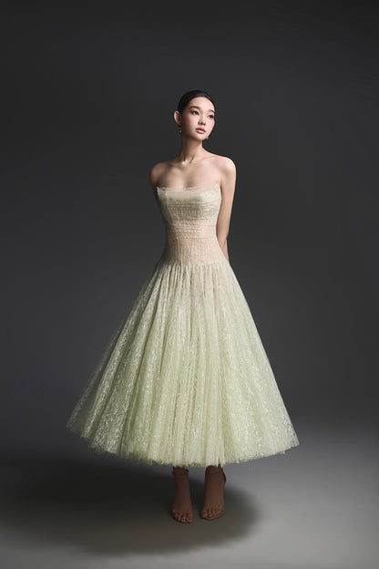 MINT DRAPED LACE MIDI DRESS