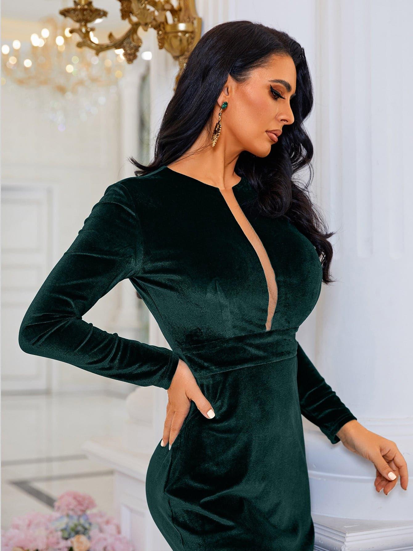 Long Sleeve Velvet Green Evening Dress