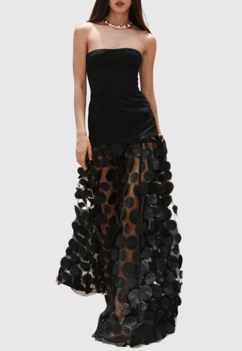 Nodin Strapless Dot Mesh Maxi Dress - Black