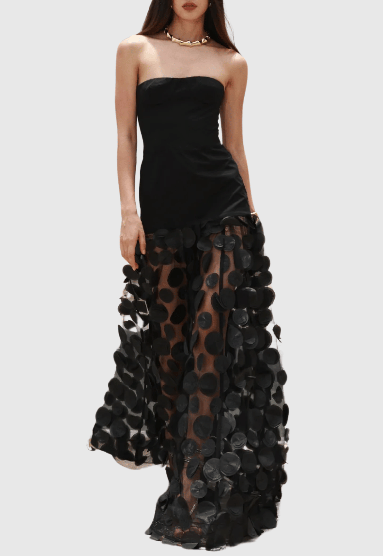 Nodin Strapless Dot Mesh Maxi Dress - Black