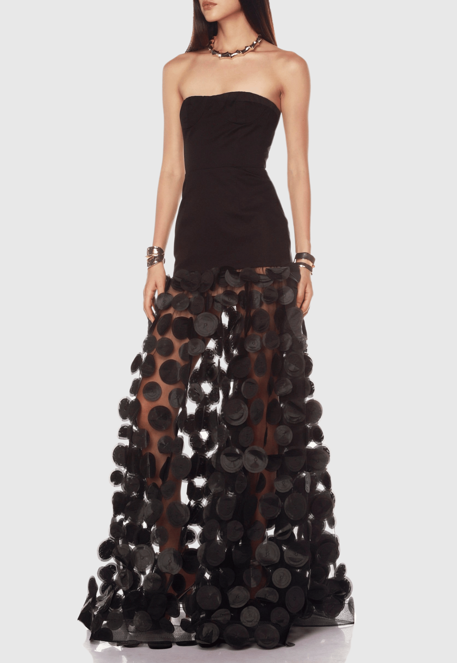 Nodin Strapless Dot Mesh Maxi Dress - Black