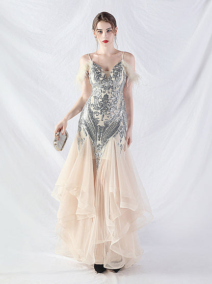 feather sequin strapless tulle maxi dress