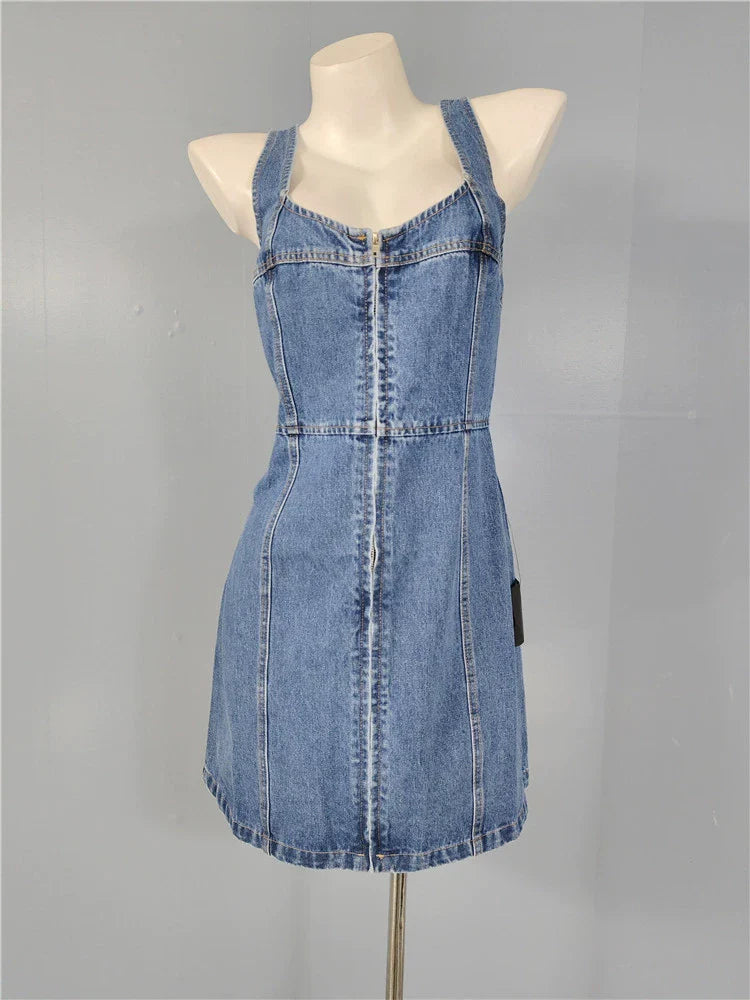 denim suspender square neck slim mini dress