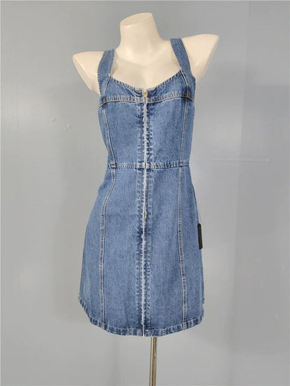 denim suspender square neck slim mini dress