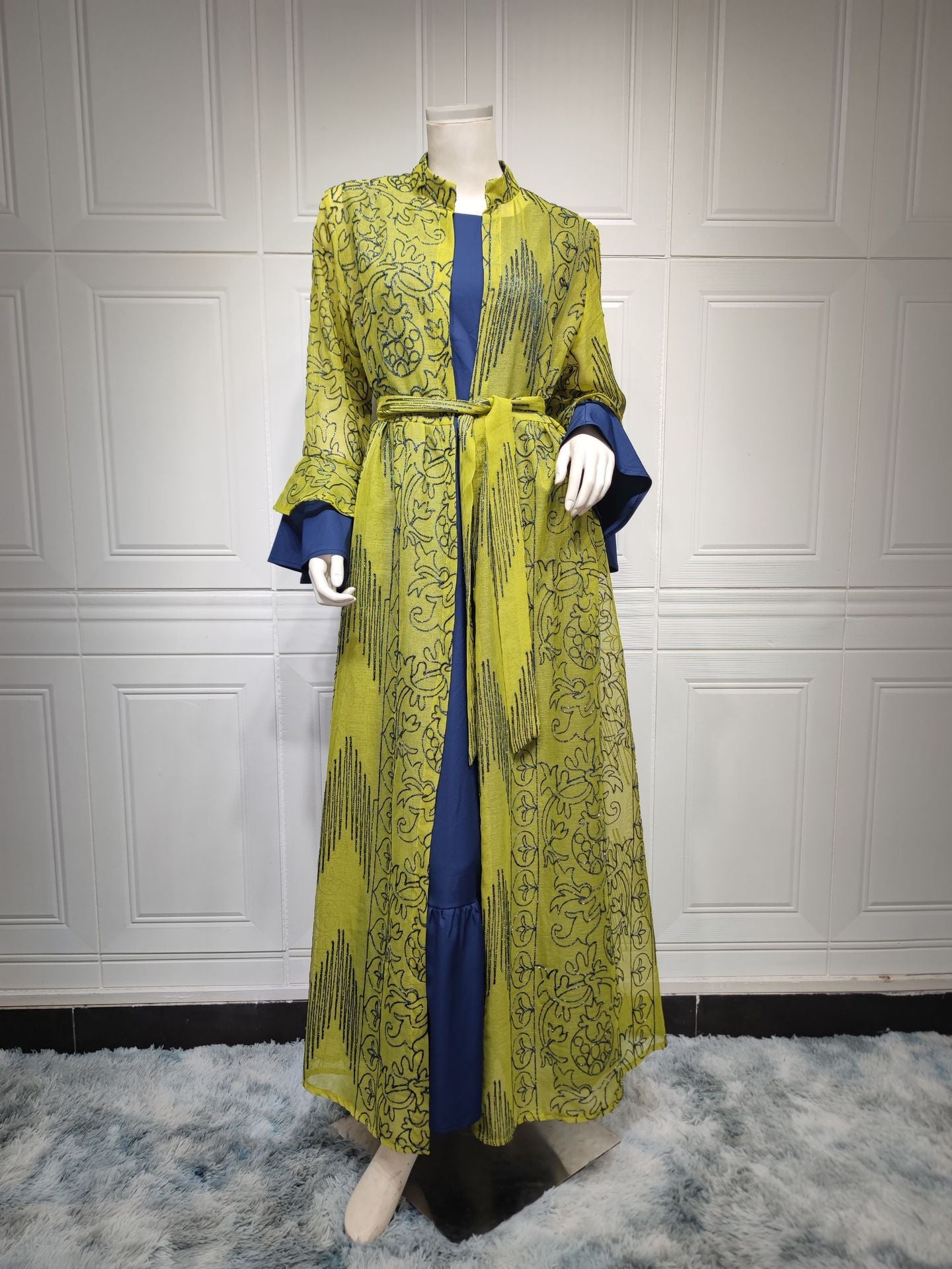 2 Pcs Suit Middle East Evening Dress Cross-border Muslim Lady Lotus Leaf Sleeve New Dress Abaya Robe