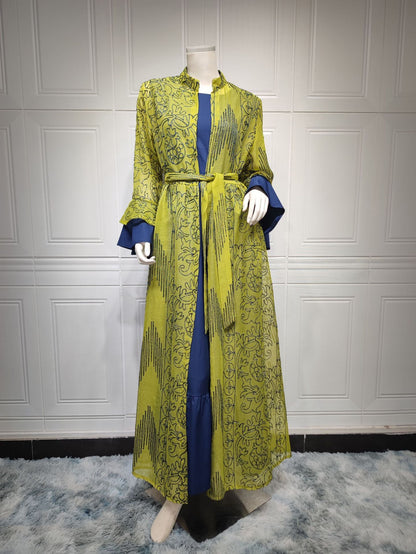 2 Pcs Suit Middle East Evening Dress Cross-border Muslim Lady Lotus Leaf Sleeve New Dress Abaya Robe