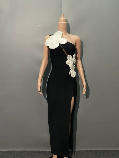 black heloise Flowers Slit One Shoulder Bandage Maxi Dress