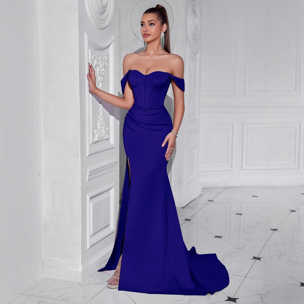 irene Cross-border split shoulder bandeau long dress