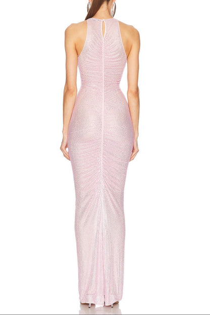 Hollow Mesh Rhinestone Sleeveless maxi Dress in pink