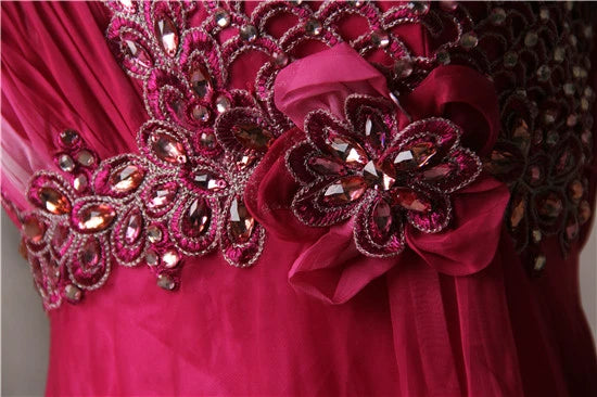 Rose red chiffon gradient one-shoulder evening dress