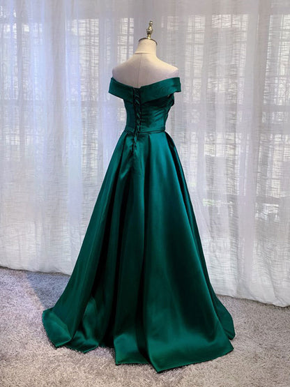 Simple green satin off shoulder dress