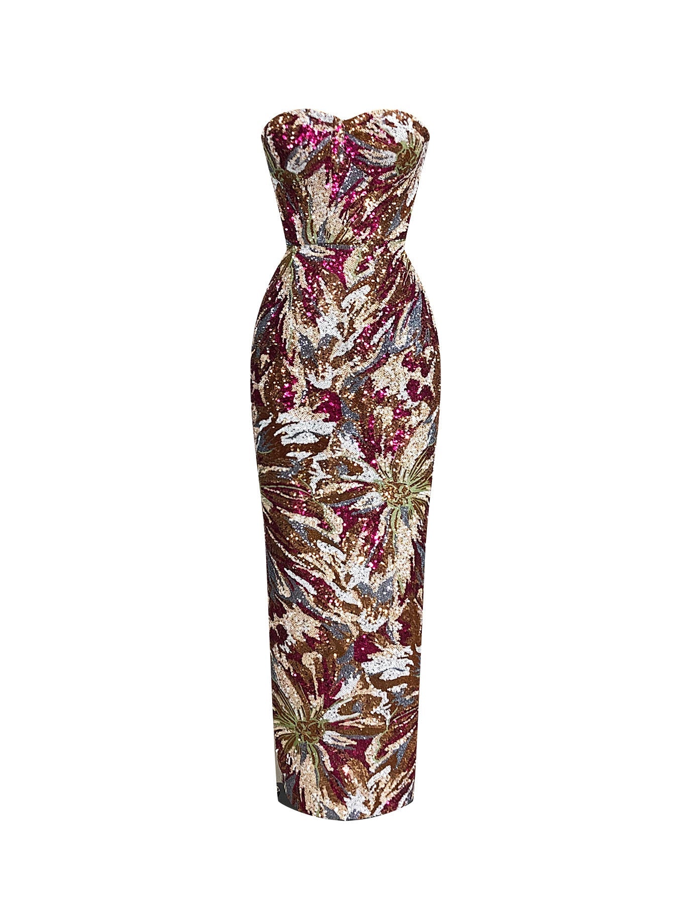 vivien fireworks pattern sequin embroidery strapless maxi dress