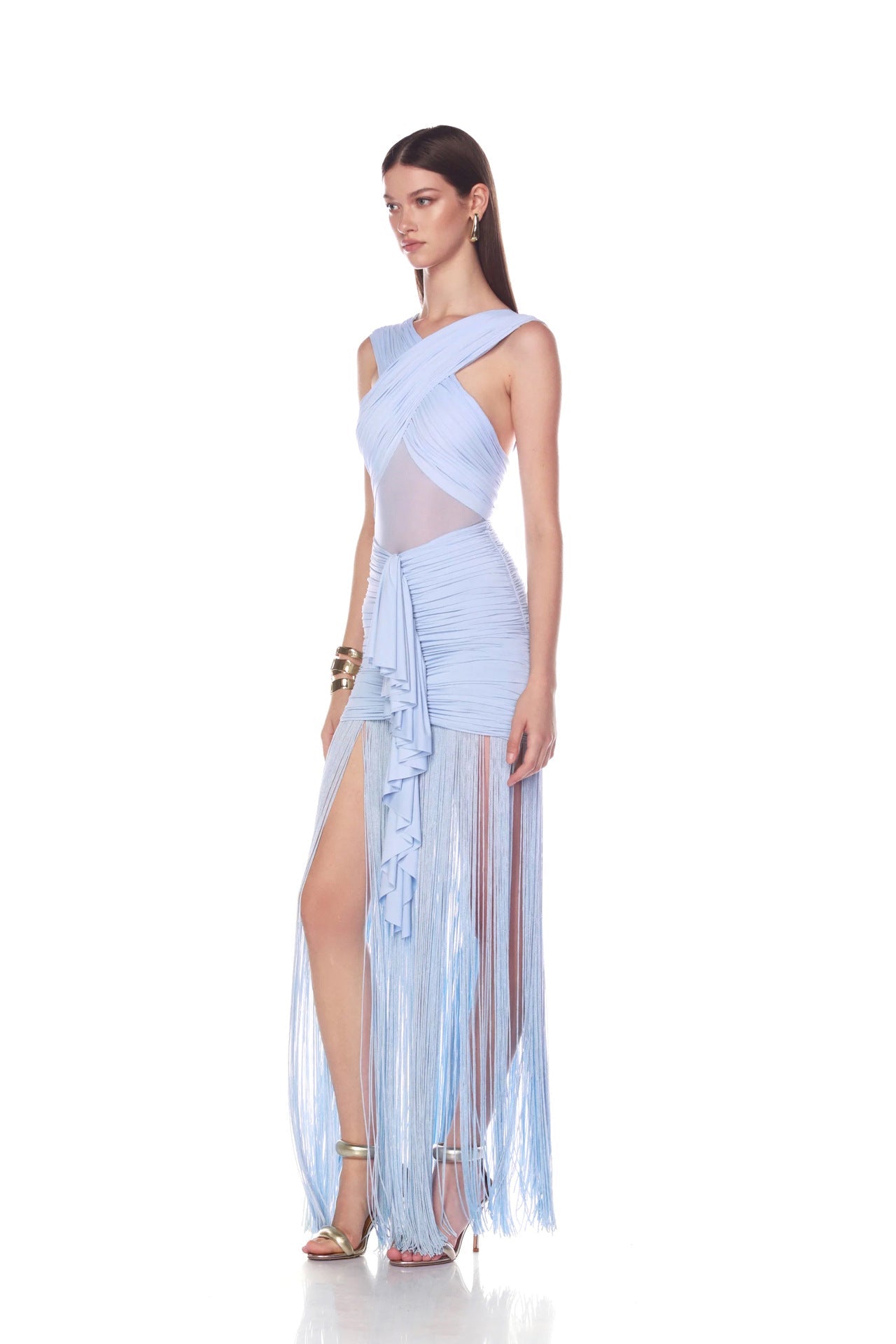 Fringe Mesh Ruched Maxi Dress