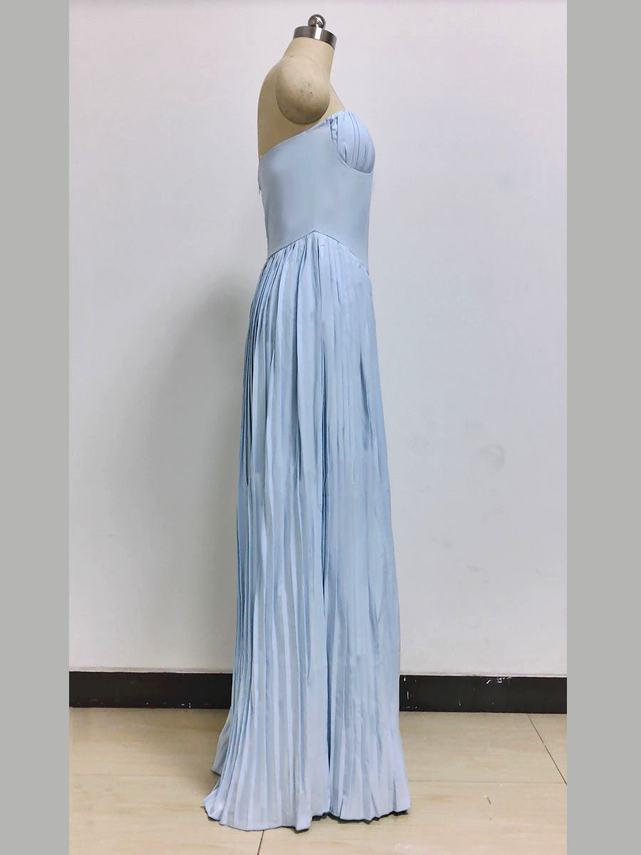 V-neck pleated bandeau long skirt slim back open dress