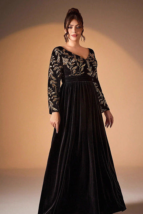 sequin floral print velvet maxi dress in black