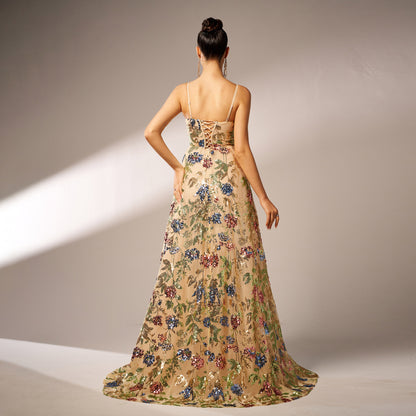off-shoulder sequin print maxi dress in apricot
