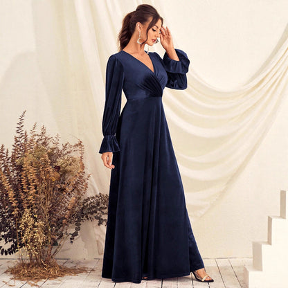 lantern sleeve v neck satin maxi dress in dark blue