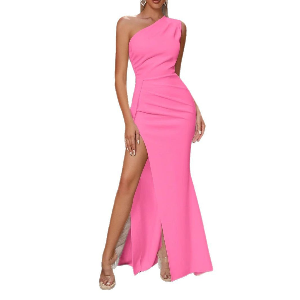 jenny one shoulder pleated slit maxi dress in pink