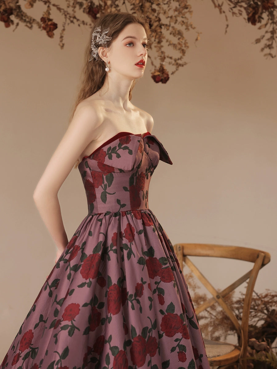 rose floral print strapless maxi dress in claret