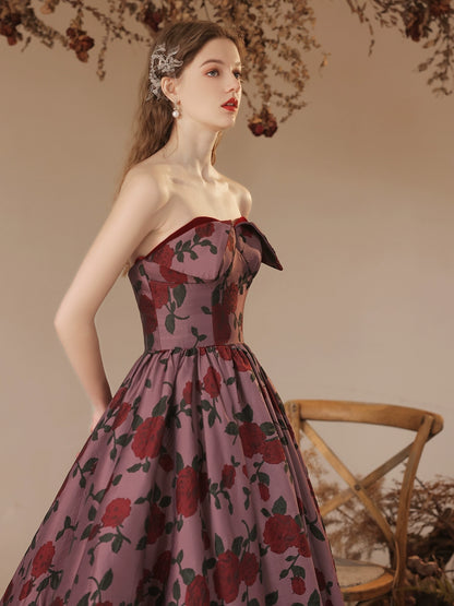 rose floral print strapless maxi dress in claret
