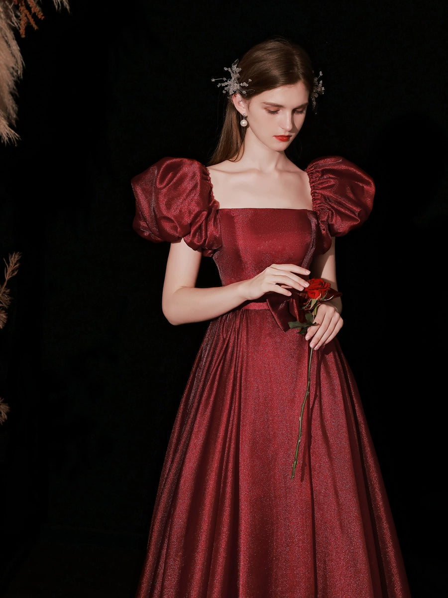 square neck puff short sleeve maxi dress in burgundy