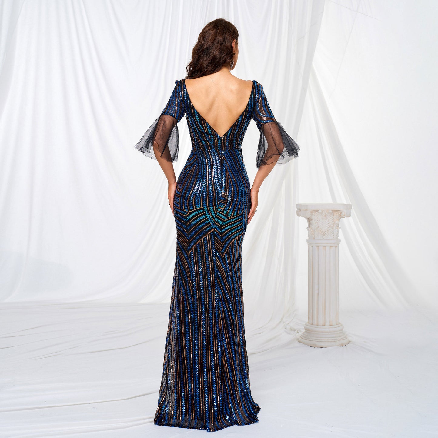 sequin stripe detail bodycon maxi dress in dark blue