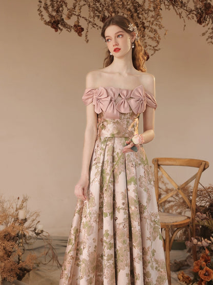 off-shoulder floral print bow satin maxi dress in pink