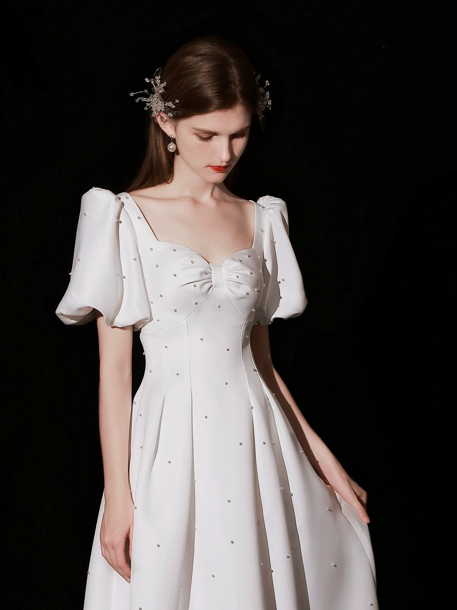 pearl embellished puff short sleeve maxi dress in white