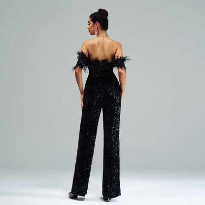 off-shoulder sequin feather jumpsuit in black