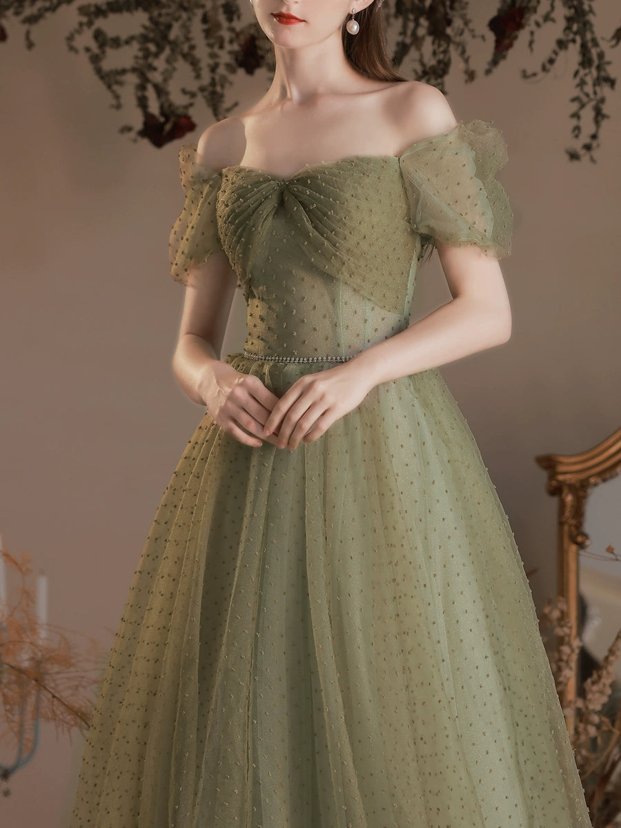 off-shoulder pearl detail puff sleeve maxi dress in green