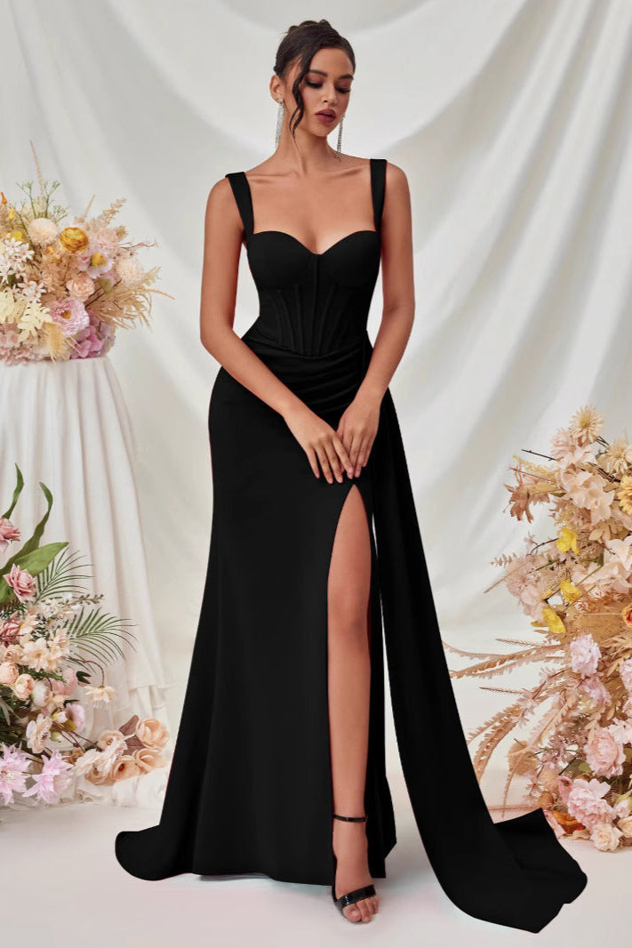 Hip-hugging high-slit suspender long dress